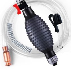 Hand Fuel Pump New Model, Siphon Hose Transfer Pump with Brass Valve, 5ft Pipe, Clips and Springs, for Gasoline, Lawn Mower, Snow Blower, Yard