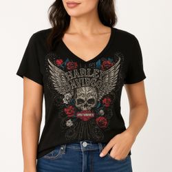 Harley-Davidson Women’s Black T-Shirt Size L Rhinestones Used 