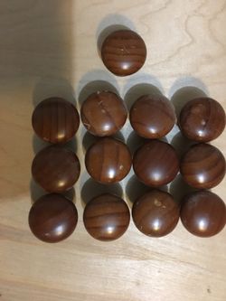 Set of 13 wood knobs, light brown finish, 1" diameter base, 1..5" diameter top