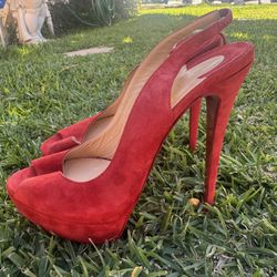 Christian Louboutin Peep Toe Slingback Pumps Red Stiletto Heels Size 41