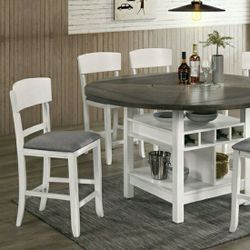 7 Piece Counter Height Dining Set White & Grey 4 Sided Drop Leaf Open Shelves Wine Rack Lazy Susan Padded Chairs Firm Price $1,060 Financing Available