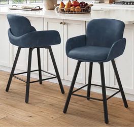 Set Of 2 Modern 26 in. Blue Faux Leather Low back Metal Swivel Bar Stools Counter Stool with Armrest and footrests