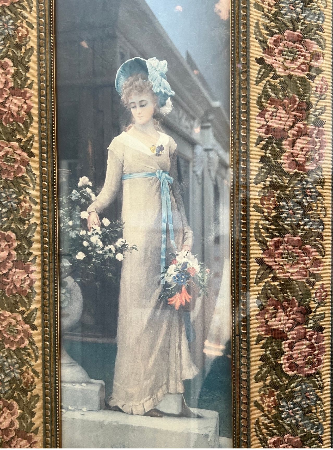 BEAUTIFUL VINTAGE CROSS STITCHED FLORAL PATTERNED FRAME WITH WOMAN VICTORIAN PRINT