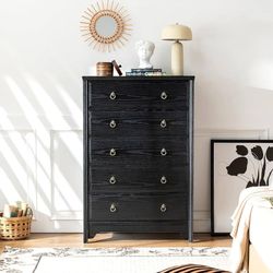Wood Dresser for Bedroom – 5 Drawer Tall Chest of Drawers with Natural Wood Veneers, Vintage Style Storage Dresser, Water-Based Finish, Sturdy Frame, 