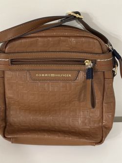 Tommy Hilfiger Brown Crossbody Bag | Embossed Logo Pattern | Adjustable Strap | Everyday Purse