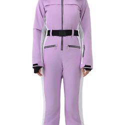 HIGH EXPERIENCE Women Ski Suit One Piece Snow Jumpsuit Snow Stretchy Outfit Snowboard Onesie Insulated Waterproof Winter Warm (Purple White, -Large)
