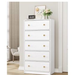 Nicehill White Dresser for Bedroom with 5 Drawers Wooden Dresser Storage Tower, Chest of Drawers for Closet, Living Room, Hallway, Entryway, Fabric Dr