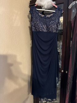 Women’s navy blue lace top evening gown, size 8