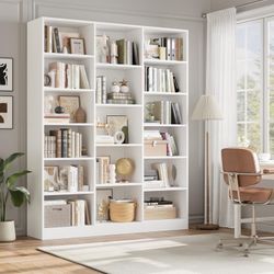 Triple Wide Bookshelf, 6 Tier Large Bookshelf, Bookcase with 17 Open Display Shelves, 74'' Tall Bookcases and Bookshelves White