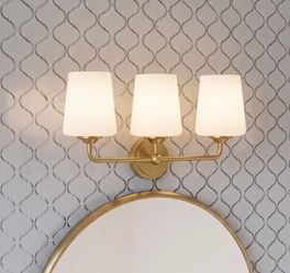 Warm Gold Vanity Bar with White Luxe Shades