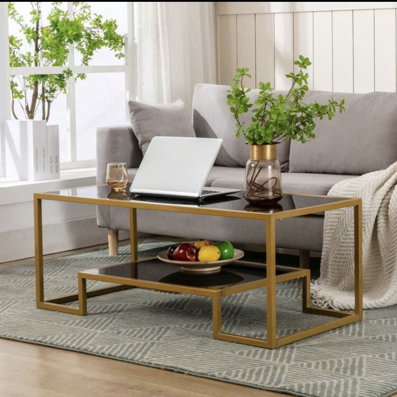 Custom Black Tempered Glass Coffee Table + Matching Side Table | Gold Metal Frame
