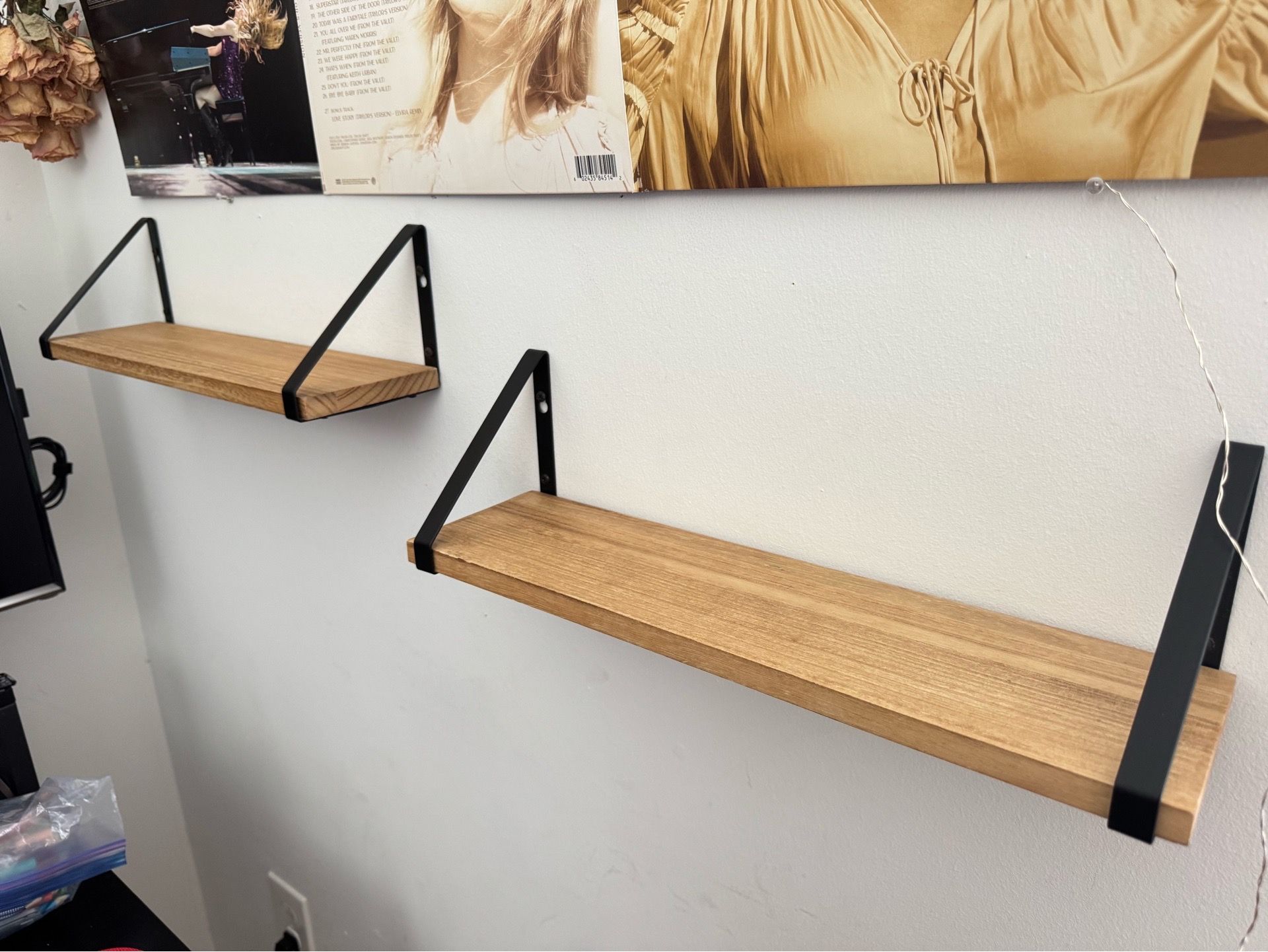 2 Wooden Wall Shelf with Black Metal Brackets