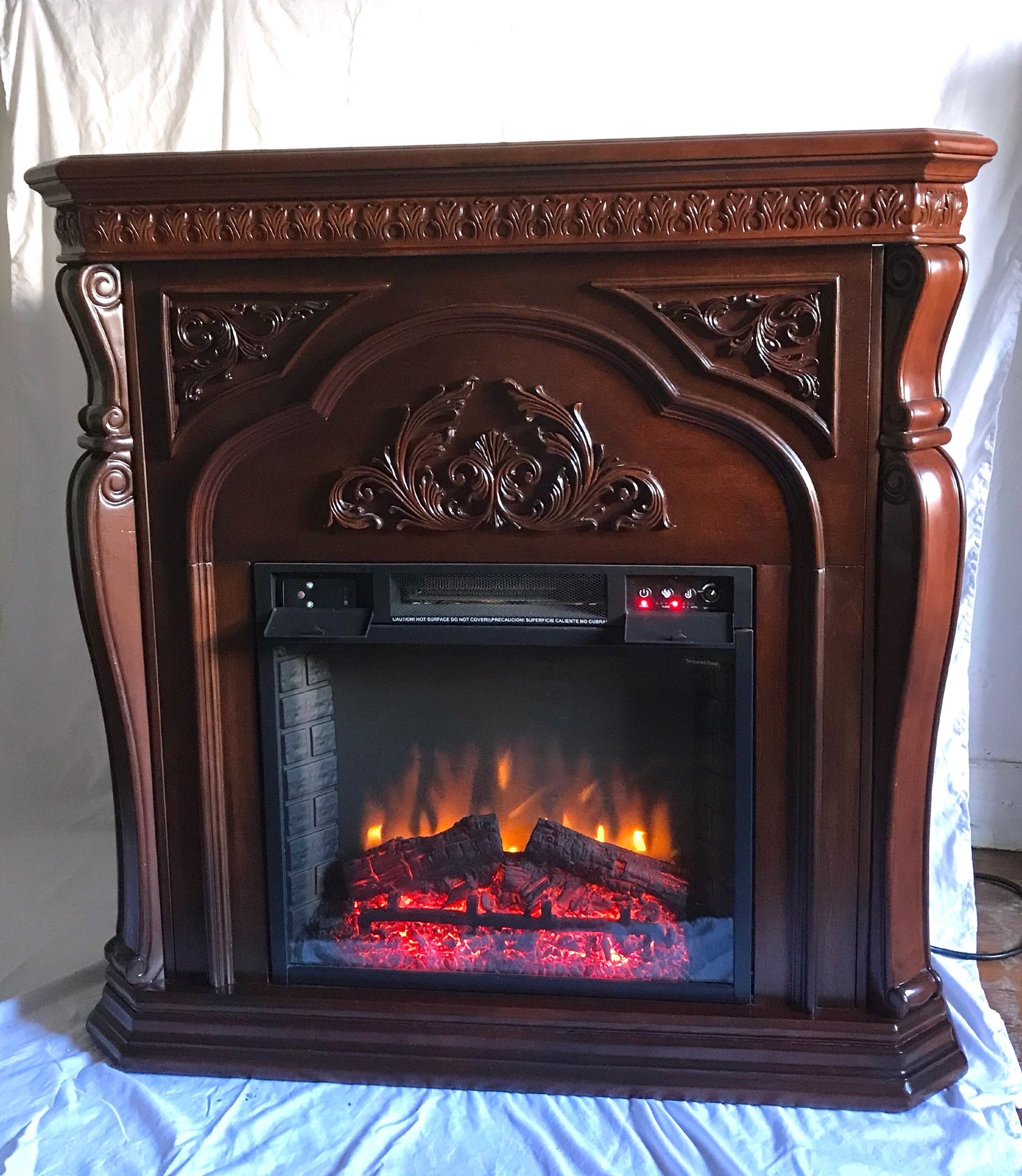 Febo Flame Cherry Carved Wood 42” Corner Option Remote-Controlled Electric Fireplace
