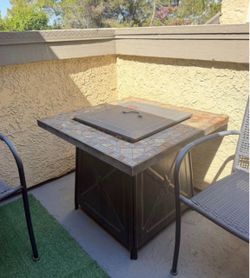 Outdoor Slate Tile Propane Fire Pit Table with 2 Propane Tanks Included
