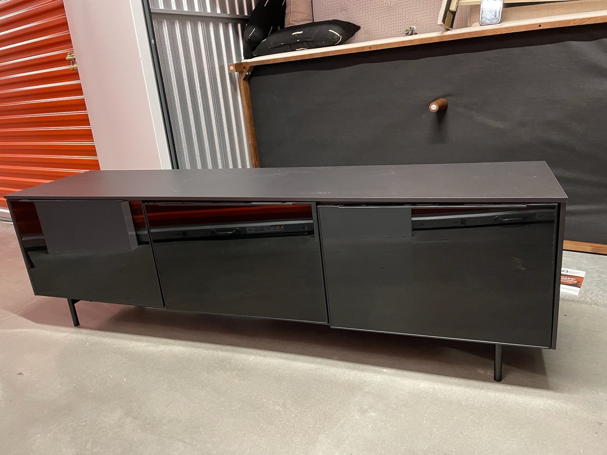 Black Media TV Stand Low With Glass Cabinets 