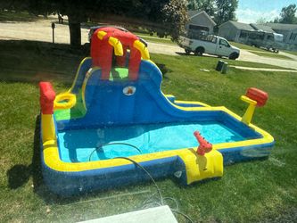Inflatable Water Park with Blower, Bouncy Castle with Water Cannon and Double Basketball Rings