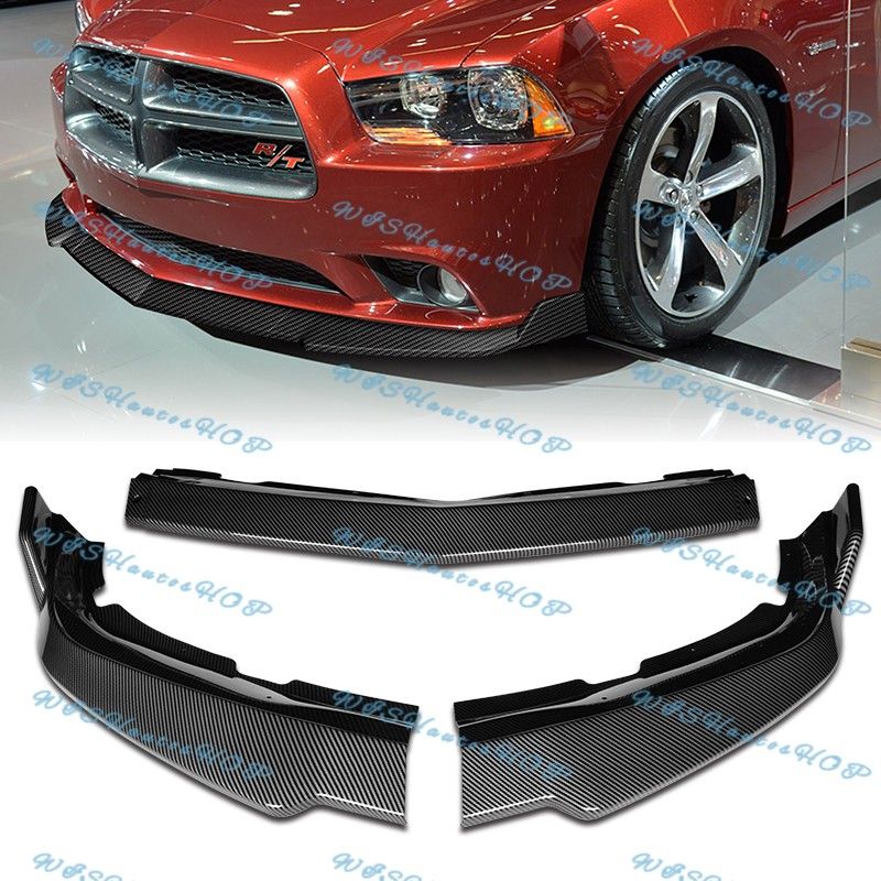 For 2011-2014 Dodge Charger STP-Style Carbon Look Front Bumper Body Spoiler Lip -(2-PU-557-PCF