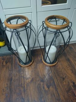 Rustic Wood and Metal Candlestick with Glass for Candle Container 29 Tall