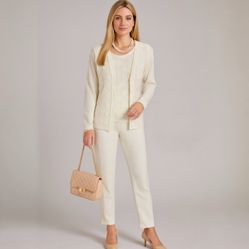 Alfred Dunner Petite Twin Set Cardigan & Blouse – Ivory Beaded Pearl Knit – Size PM