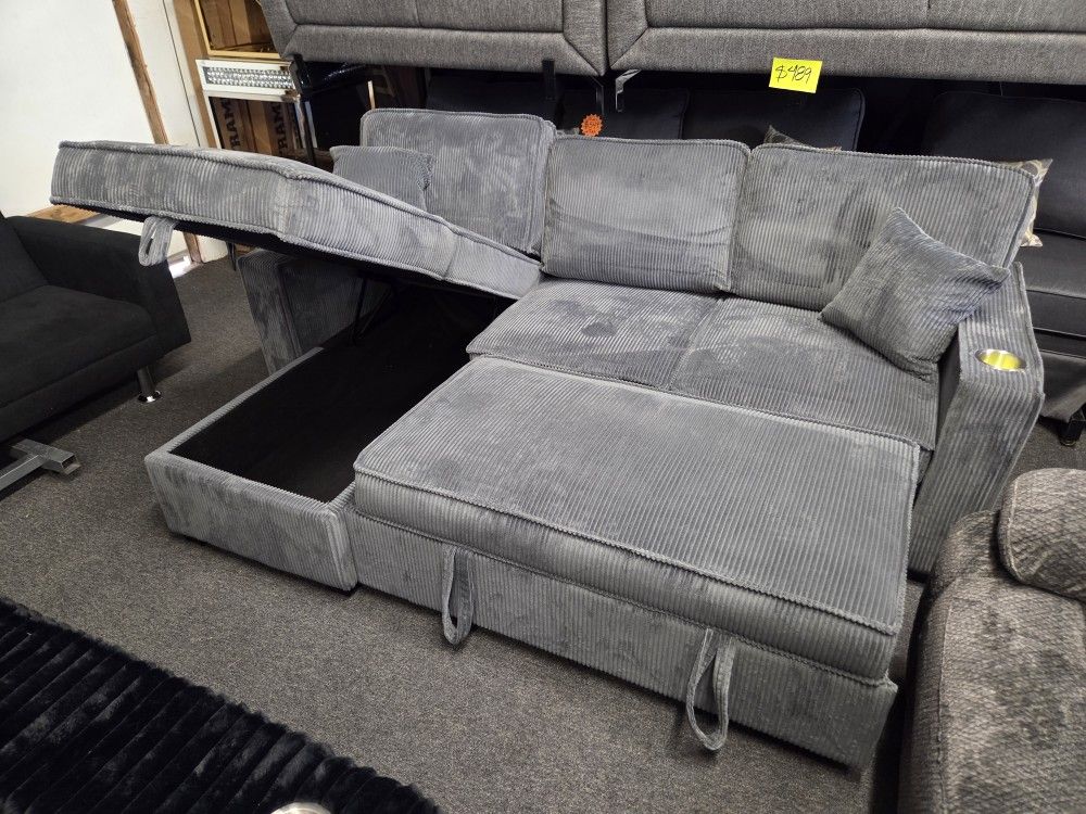 Brand New Pull Out Bed Grey Corduroy Fabric W/ Storage USB Outlet 2 Pillows $469