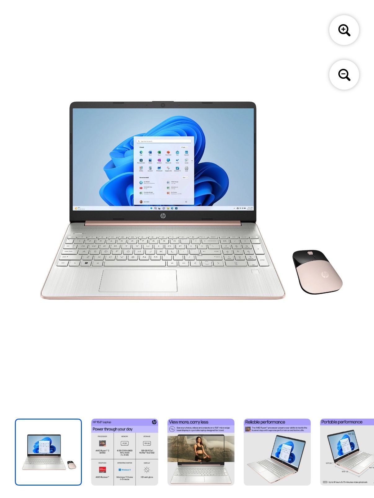 HP 15.6" Laptop Bundle, AMD Ryzen 3 3250U, 4GB RAM, 128GB SSD, Wireless Mouse, Pale Rose Gold, Windo