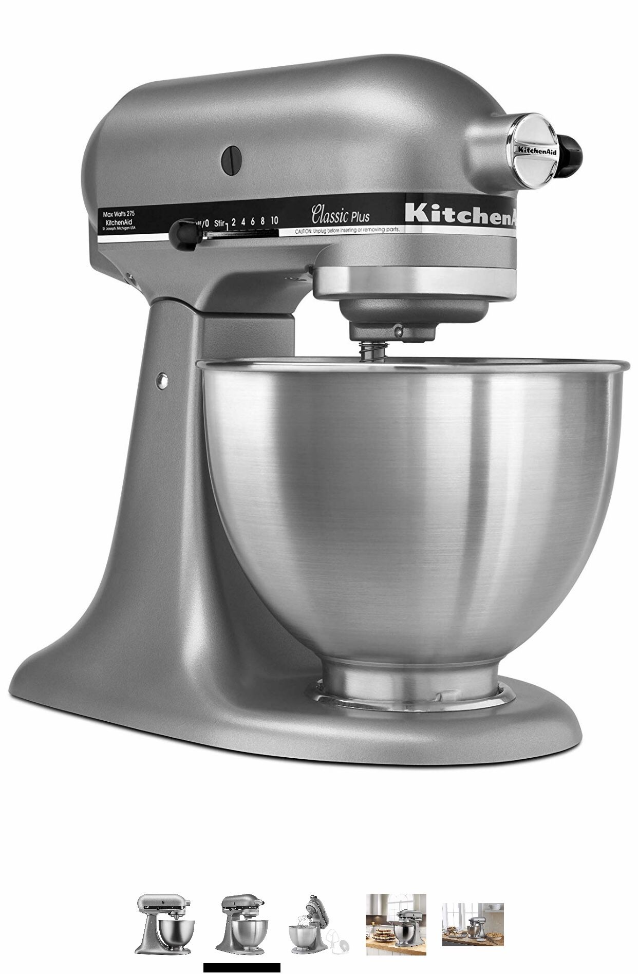 KitchenAid KSM75SL Classic Plus 4.5-Qt. Tilt-Head Stand Mixer, Silver