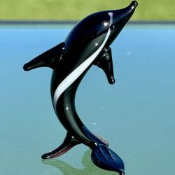 Hand Blown Glass Art Figurine Sculpture Mammal Small Black Dolphin White strip 