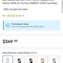 Alen BreatheSmart FLEX Pure 4 -Speed Ionic White HEPA Air Purifier ENERGY STAR Certified (Covers: 700-sq ft )