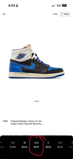 Fragment Design x Union LA Jordan 1 retro high tops. 10.5 sizes