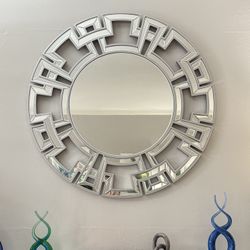 32” Modern Large Round Living Room Mirror Silver with Beveled Edge 