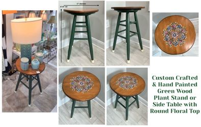 Custom Crafted & Hand Painted Green Wood Plant Stand or Side Table with Round Floral Top