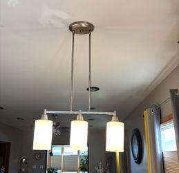 3-Light Brushed Steel Island Light with White Glass Shades