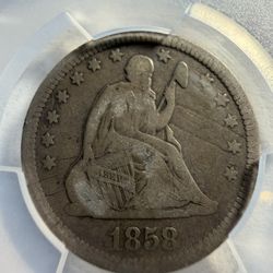 1858 Seated Liberty Quarter Silver 25C Historic Coin 