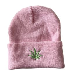 Brand New Ladies Green Leaf Embroidered Pink Beanie Hat 