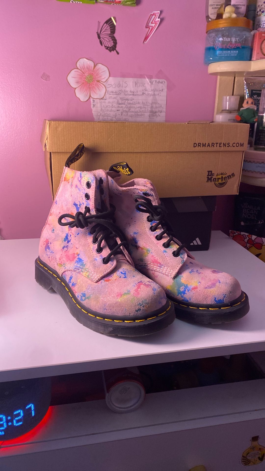 CASH ONLY- Size 5 Girls Dr. Martens Sheridan Pink Rainbow Burst Confetti Suede Boots