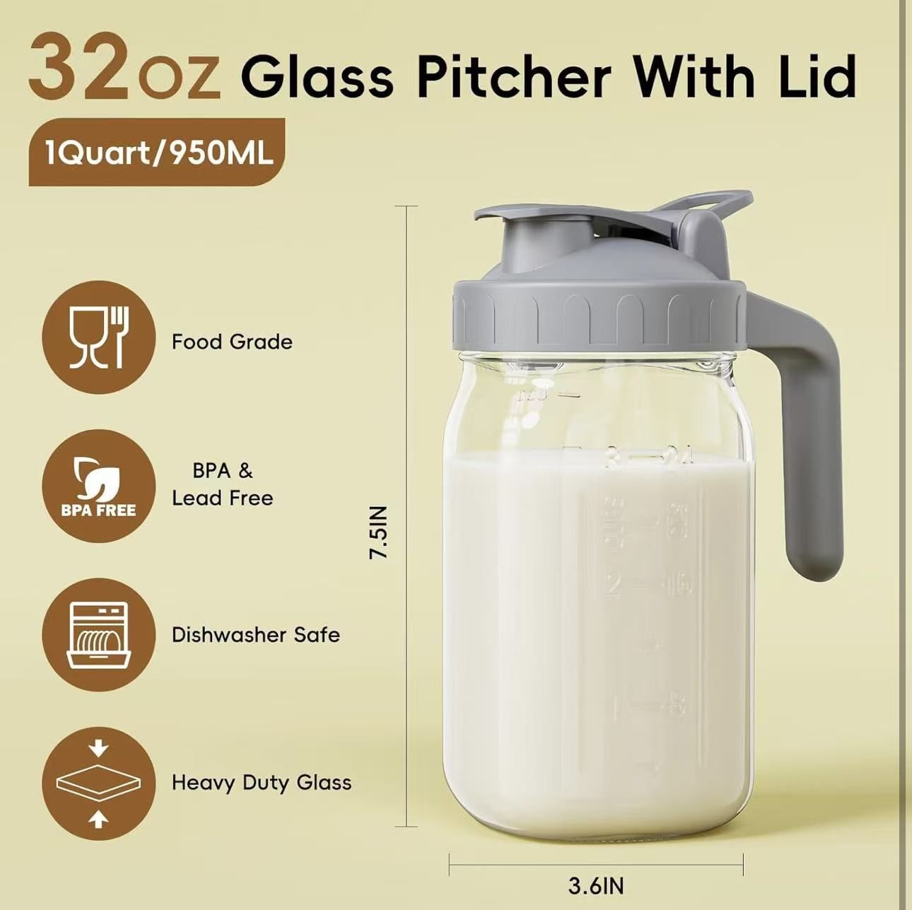Milk Pitcher Jug - 32 oz Glass Mason Jar Airtight Pitcher with Pour Spout Handle for Breastmilk, Iced Tea, Ice Drinks Storage Container