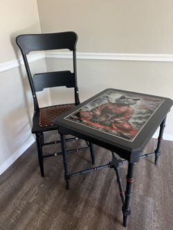 Vintage Hammary Accent Table with Custom Art Glass Top + Chair