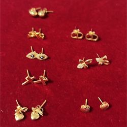 18K Solid Gold Stud Earrings Lot – 8 Pairs | Designer-Inspired Styles
