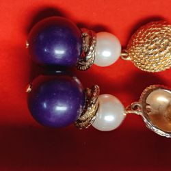 Gold Antique Purple And Pearl Earrings