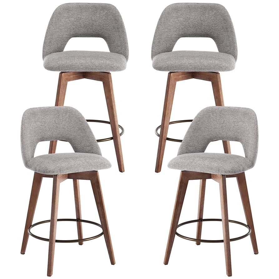 Swivel Farmhouse Bar Stools Set of 4, 26" Modern Counter Stools with Open Back & Weathered Wood Legs, Upholstered Linen Fabric Counter Height Barstool