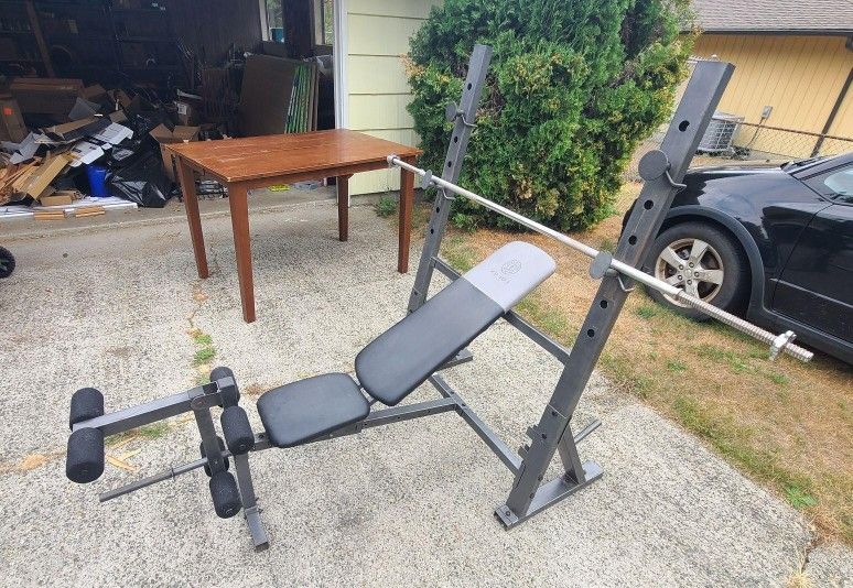 Weight Bench, Rack, and Weights
