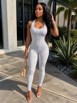 Grey Leopard Print Bodycon Jumpsuit