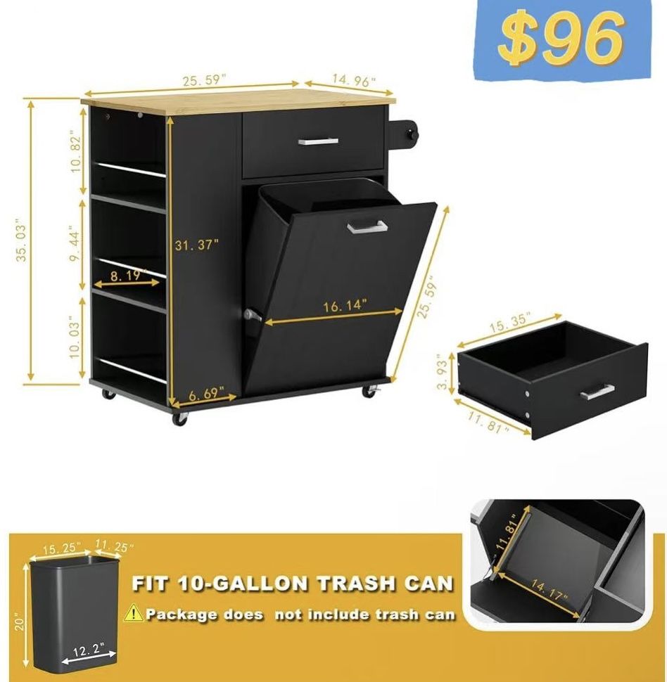 ✌️Rolling Kitchen Island with Trash Can Storage, Portable Kitchen Island on Wheels with Towel Rack & Spice Rack, Tilt Out Trash Can Cabinet