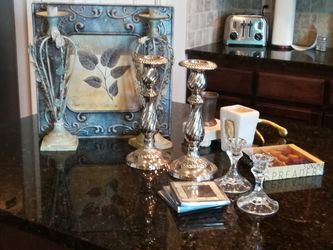 Home decor items. Coasters, candlestick holders, picture & more