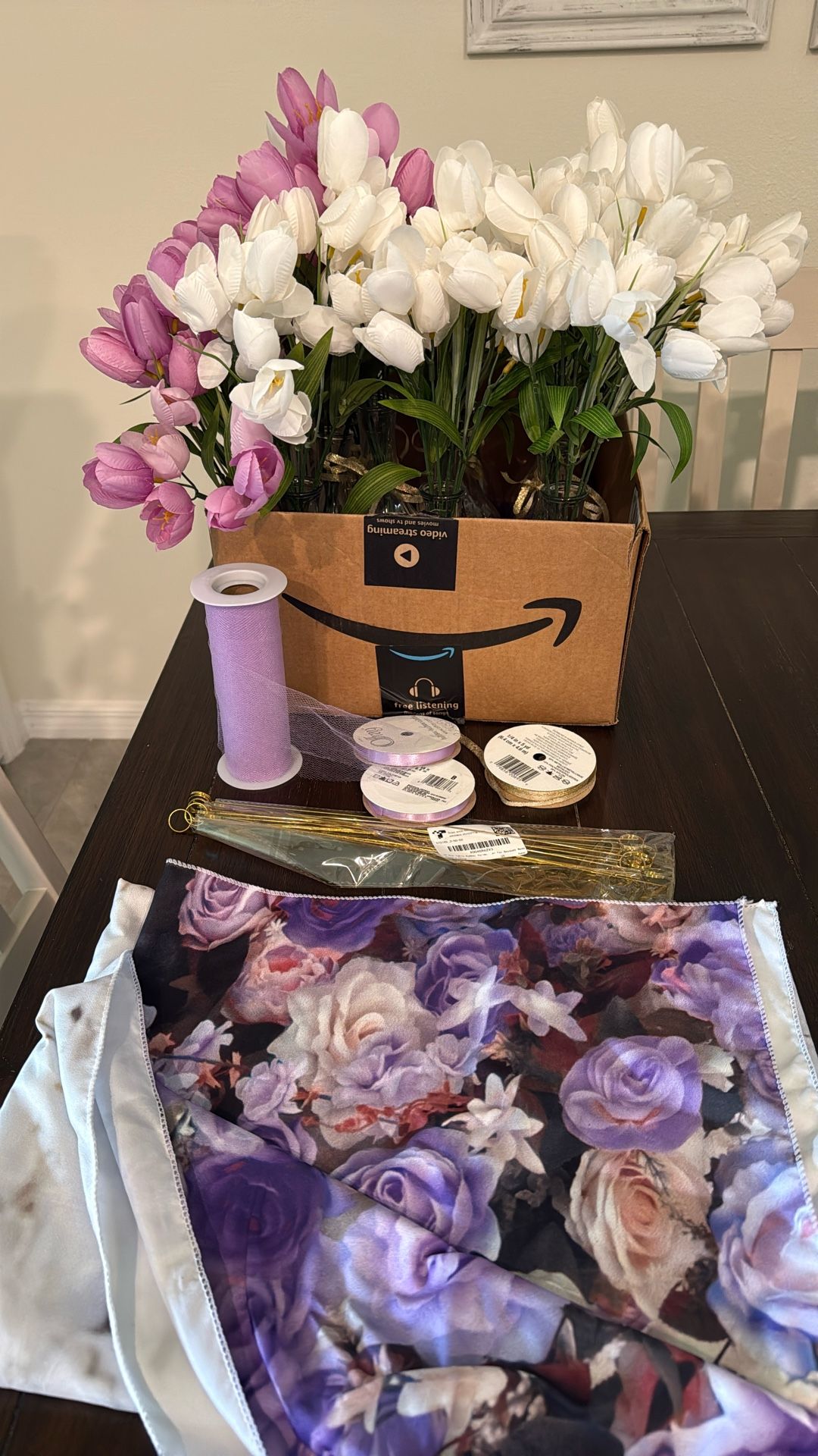 Flowers, Vases, Ribbon & Photo Backdrop For Party