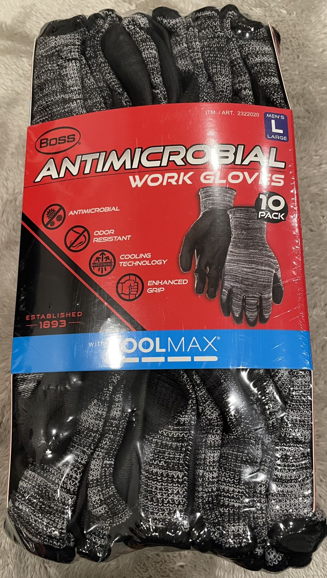 10-Pack Boss Antimicrobial Work Gloves with Cool Max Technology - Men’s Size L