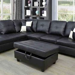 Black leather Sectional Couch And Storage Ottoman 