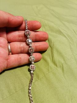 Silver-Tone Pink and Clear Crystal Tennis Bracelet