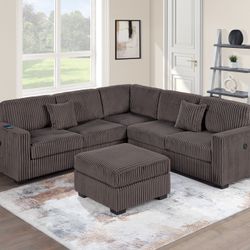 4-Piece Sectional Set W/ Ottoman RAF/LAF One-Arm Loveseat W/USB + Corner Wedge + Cocktail Ottoman  Color: Chocolate.  Seccional De 4 Piezas Color Cafe
