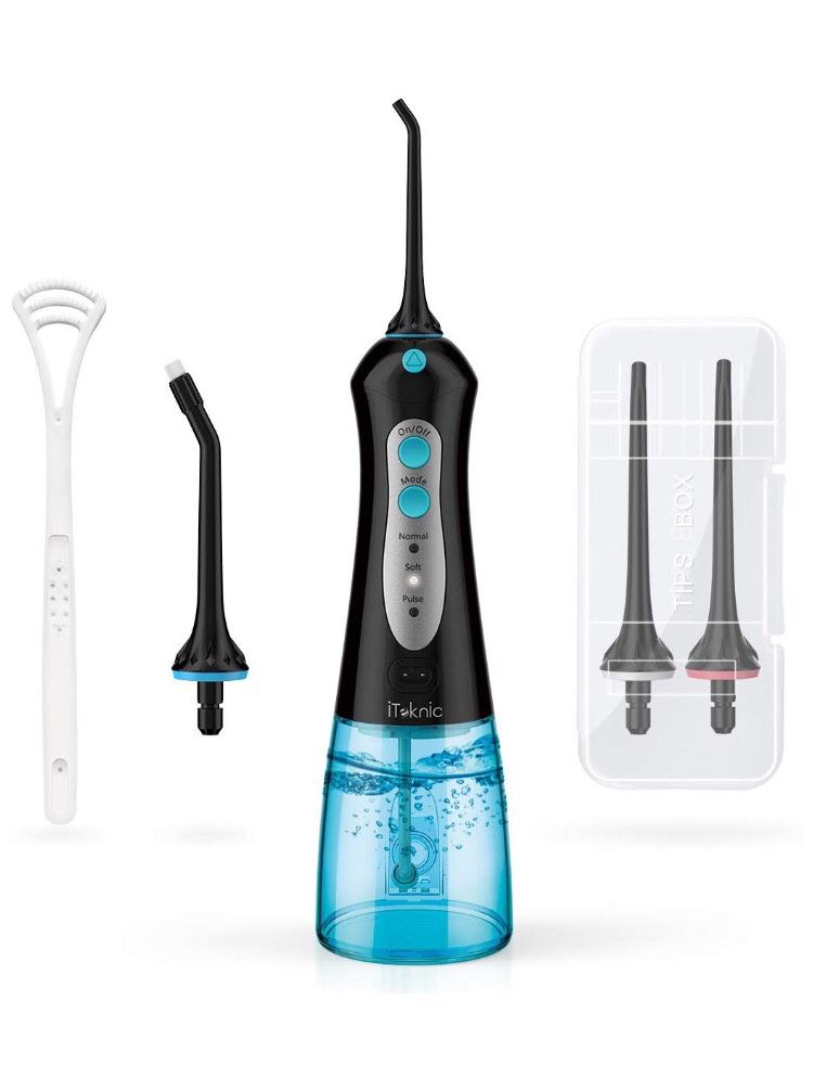 iTeknic Cordless Water Flosser for Teeth Dental Oral Water Irrigator portable with 300ml Water Tank, 5 Jet Tips Teeth Cleaner for Braces, 3 Modes, IP